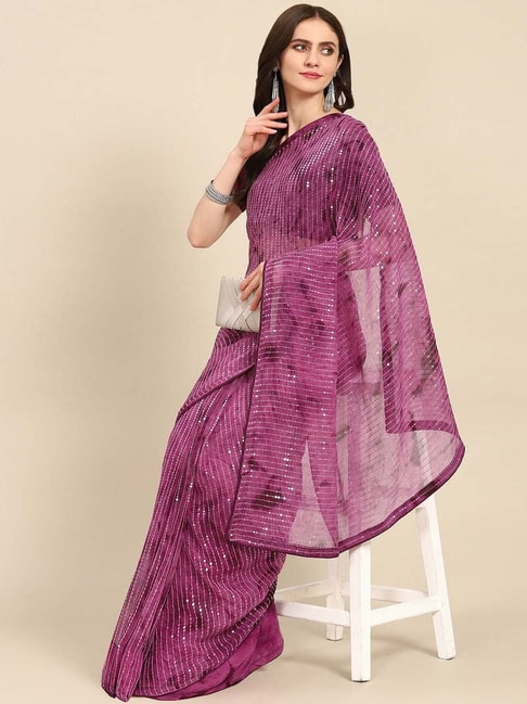 READIPRINT FASHIONS Purple Embellished Saree With Unstitched Blouse Price in India