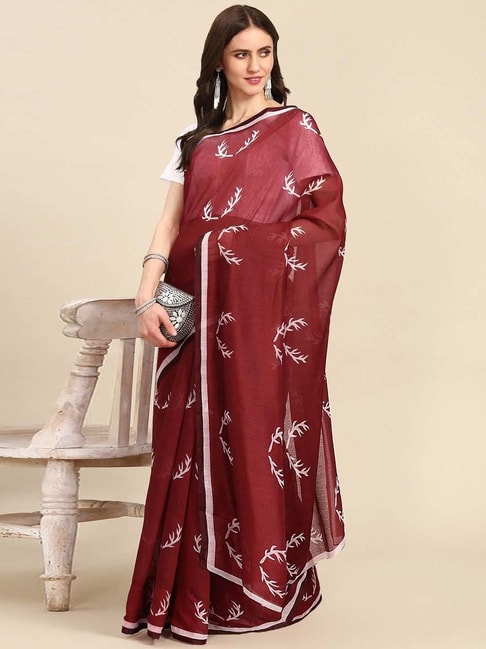 READIPRINT FASHIONS Maroon Printed Saree With Unstitched Blouse Price in India