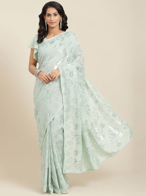 READIPRINT FASHIONS Sea Green Embellished Saree With Unstitched Blouse Price in India