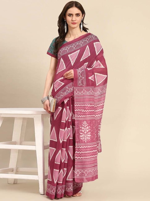 READIPRINT FASHIONS Maroon Cotton Printed Saree With Unstitched Blouse Price in India