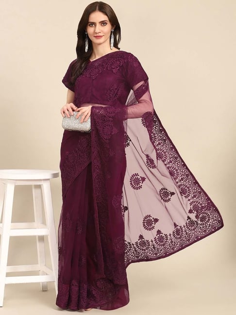 READIPRINT FASHIONS Violet Embroidered Saree With Unstitched Blouse Price in India