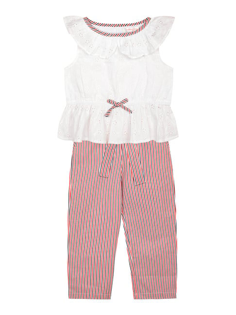 Budding Bees Kids White & Red Self Design Top with Trousers