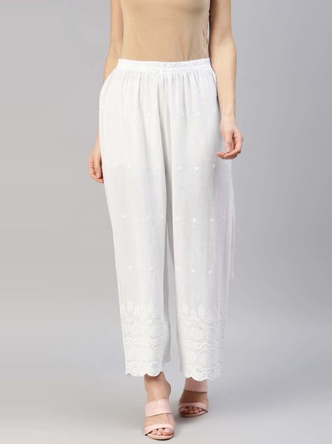 Buy Laado-Pamper Yourself Women's Off-White Cotton Palazzo with Lace and  Pintucks at Amazon.in