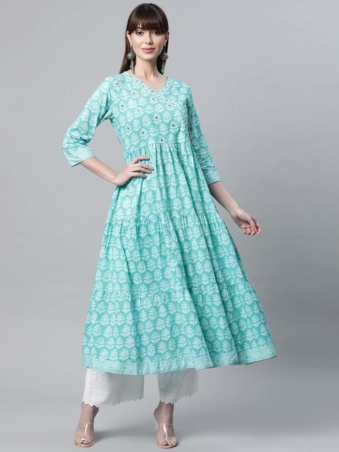 READIPRINT FASHIONS Turquoise Cotton Embroidered Angrakha Kurta Price in India