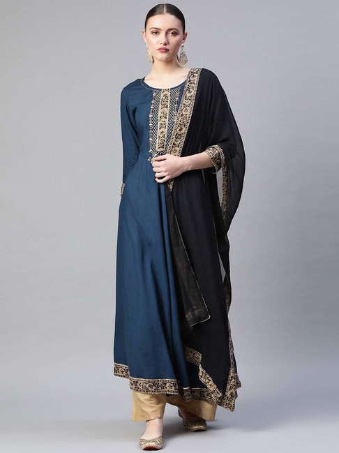 READIPRINT FASHIONS Blue Embellished A Line Kurta With Dupatta Price in India