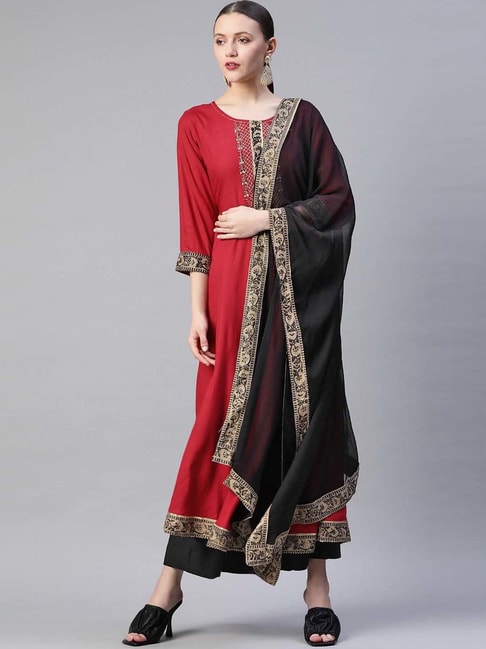 READIPRINT FASHIONS Red Embellished A Line Kurta With Dupatta Price in India