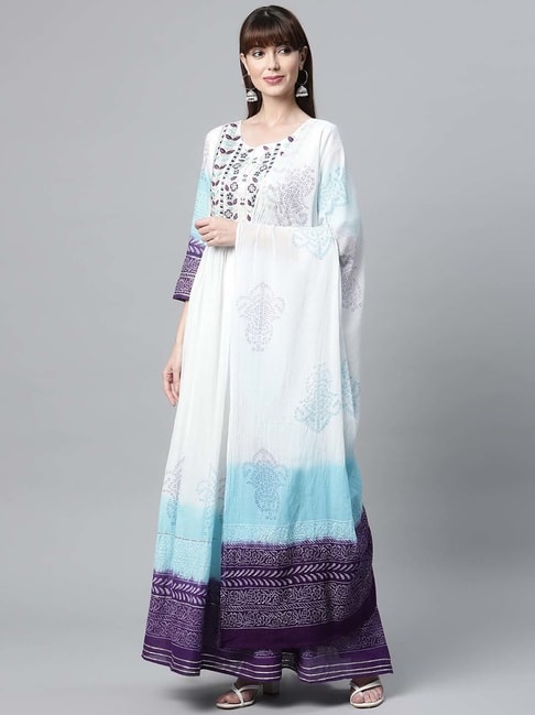READIPRINT FASHIONS White & Purple Cotton Embroidered A Line Kurta With Dupatta Price in India