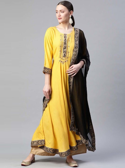 READIPRINT FASHIONS Yellow Embellished A Line Kurta With Dupatta Price in India