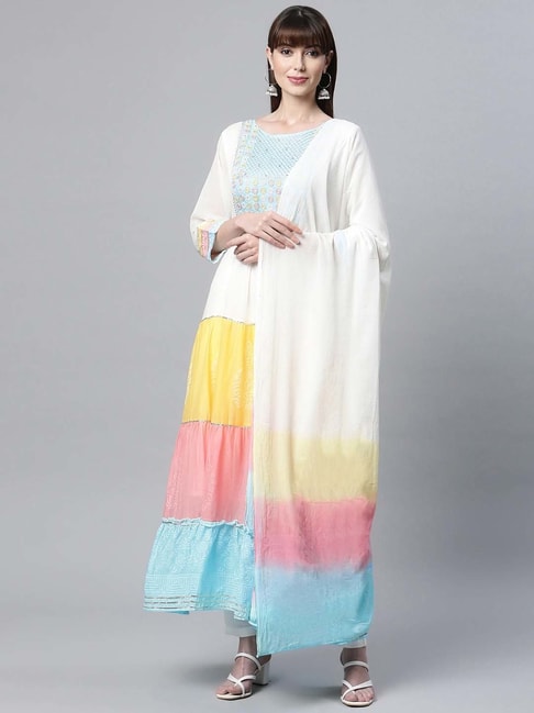 READIPRINT FASHIONS White & Yellow Cotton Embroidered A Line Kurta With Dupatta Price in India