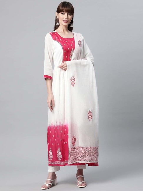 READIPRINT FASHIONS White & Red Cotton Embroidered A Line Kurta With Dupatta Price in India