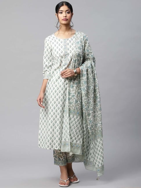 READIPRINT FASHIONS White Cotton Floral Print Kurta Pant Set With Dupatta Price in India