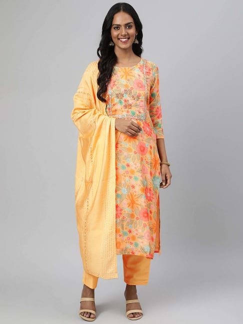 READIPRINT FASHIONS Orange Embellished Kurta Pant Set With Dupatta Price in India