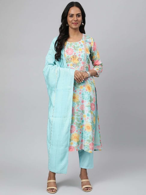 READIPRINT FASHIONS Blue Embellished Kurta Pant Set With Dupatta Price in India