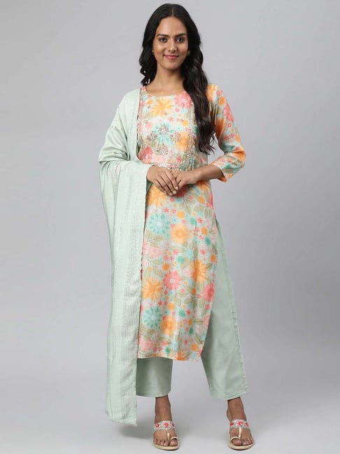 READIPRINT FASHIONS Green Embellished Kurta Pant Set With Dupatta Price in India
