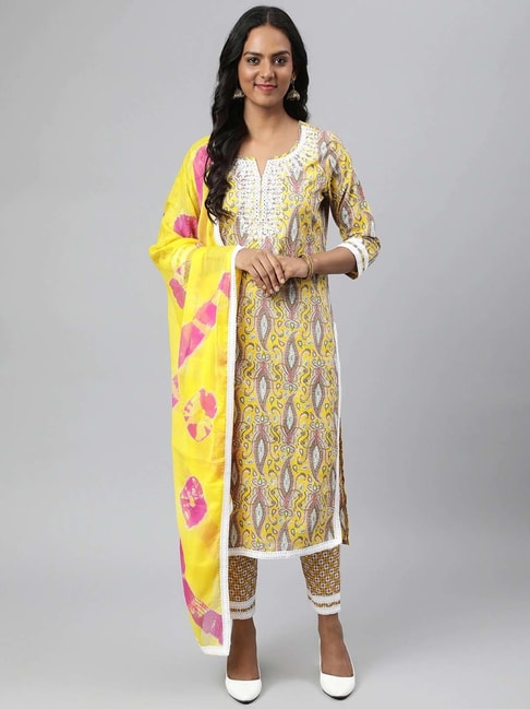 READIPRINT FASHIONS Yellow Cotton Embroidered Kurta Pant Set With Dupatta Price in India