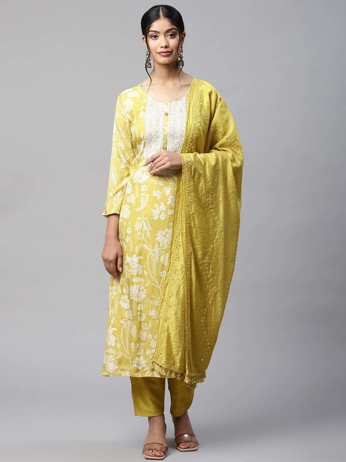 READIPRINT FASHIONS Mustard Embroidered Kurta Pant Set With Dupatta Price in India