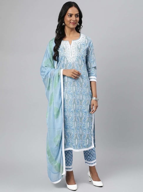 READIPRINT FASHIONS Blue Cotton Embroidered Kurta Pant Set With Dupatta Price in India