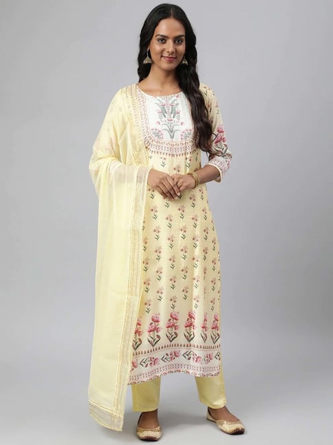 READIPRINT FASHIONS Lime Yellow Embroidered Kurta Pant Set With Dupatta Price in India
