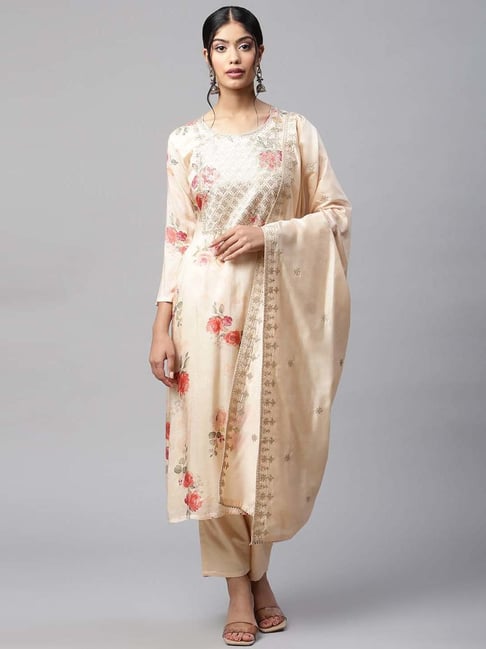 READIPRINT FASHIONS Beige Embroidered Kurta Pant Set With Dupatta Price in India