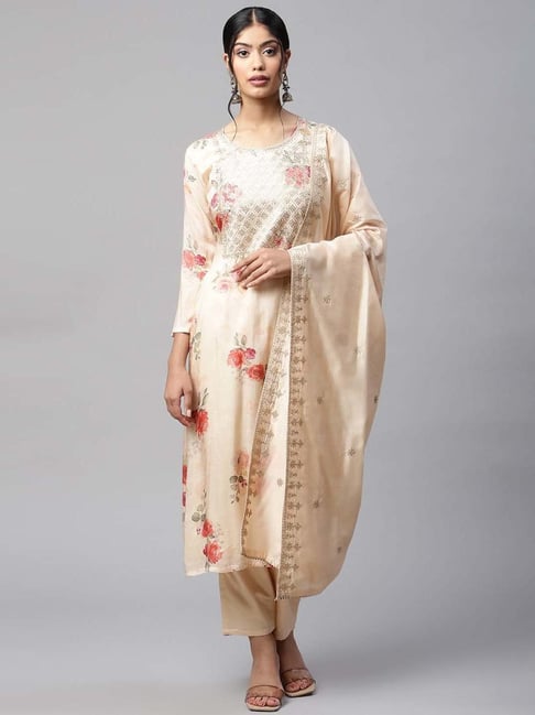 READIPRINT FASHIONS Beige Embroidered Kurta Pant Set With Dupatta Price in India