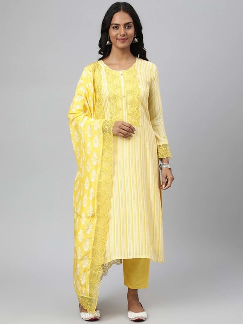 READIPRINT FASHIONS Yellow Embroidered Kurta Pant Set With Dupatta Price in India