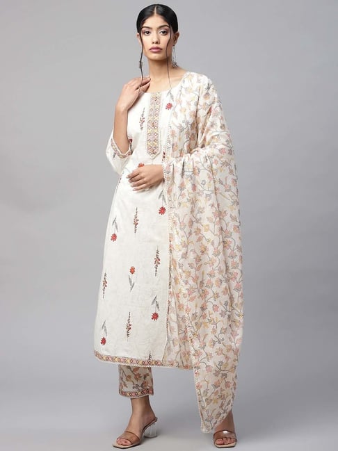 READIPRINT FASHIONS Cream Cotton Floral Print Kurta Pant Set With Dupatta Price in India