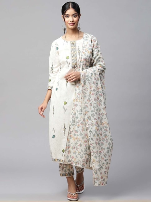 READIPRINT FASHIONS Cream Cotton Floral Print Kurta Pant Set With Dupatta Price in India
