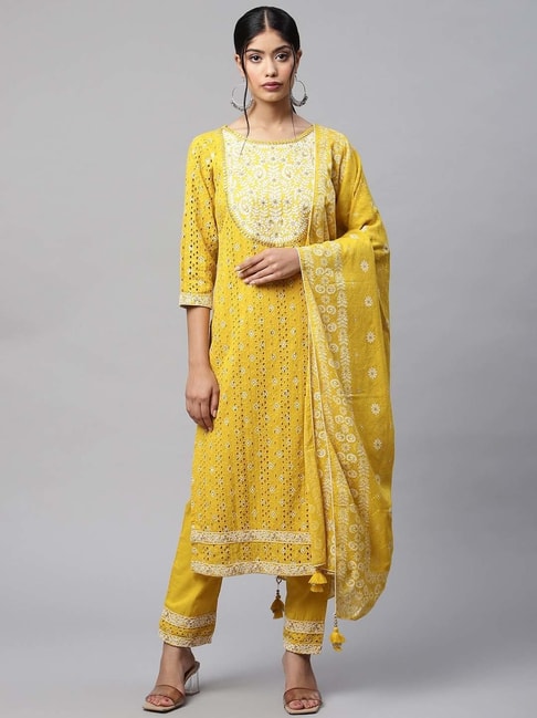 READIPRINT FASHIONS Mustard Cotton Embroidered Kurta Pant Set With Dupatta Price in India