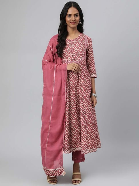 READIPRINT FASHIONS Dusty Pink Embellished Kurta Pant Set With Dupatta Price in India