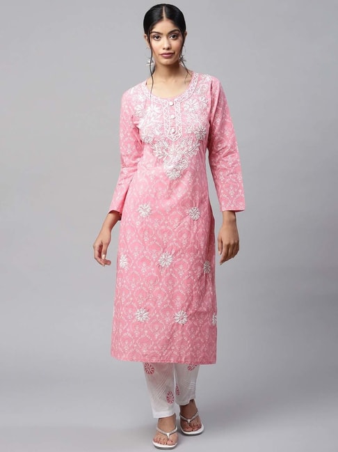 READIPRINT FASHIONS Pink & White Cotton Embroidered Kurta Pant Set Price in India