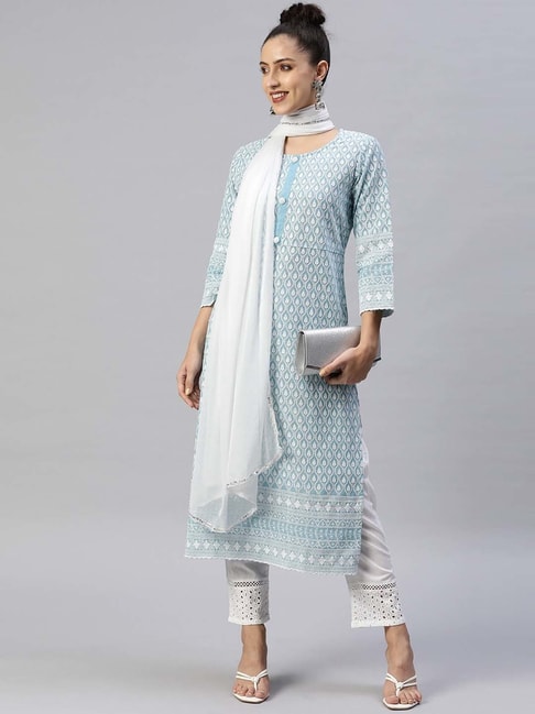READIPRINT FASHIONS Blue Cotton Embroidered Kurta Pant Set With Dupatta Price in India