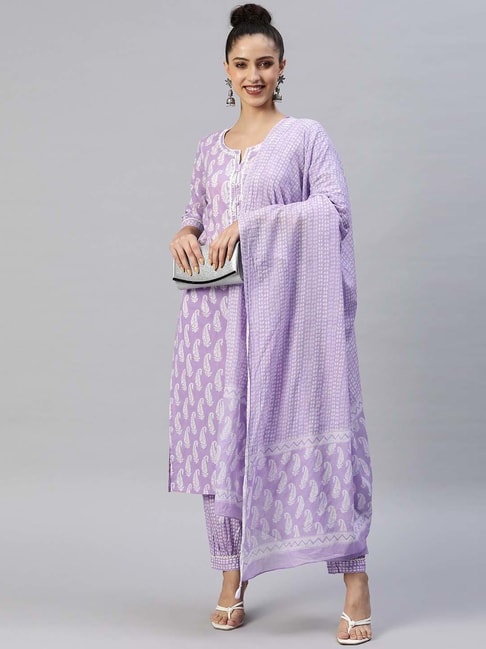 READIPRINT FASHIONS Purple Cotton Paisley Print Kurta Salwar Set With Dupatta Price in India