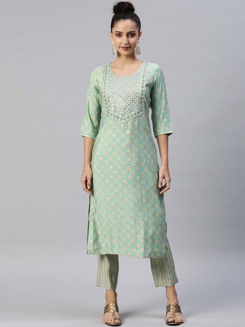 READIPRINT FASHIONS Green Embroidered Kurta Pant Set Price in India