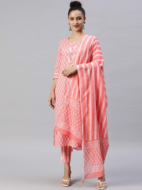 READIPRINT FASHIONS Pink Cotton Printed Kurta Pant Set With Dupatta Price in India