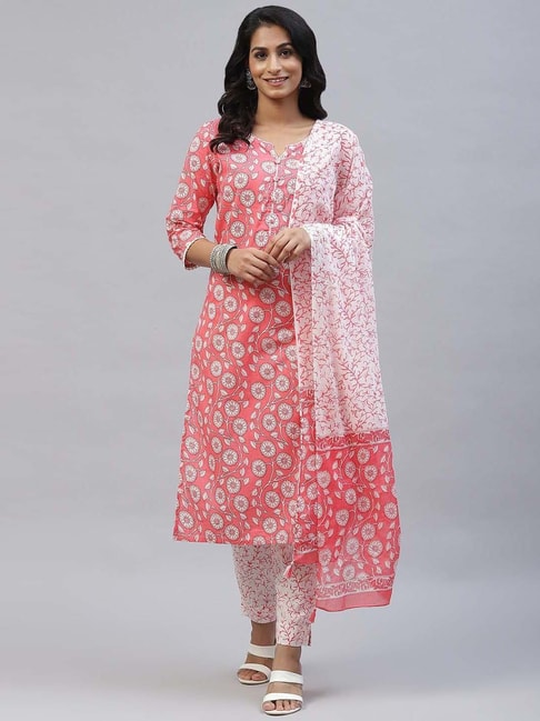 READIPRINT FASHIONS Pink Cotton Floral Print Kurta Pant Set With Dupatta Price in India