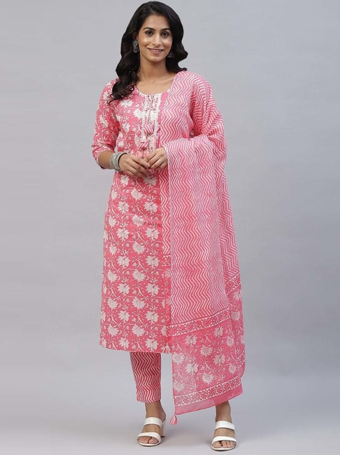 READIPRINT FASHIONS Pink Cotton Floral Print Kurta Pant Set With Dupatta Price in India