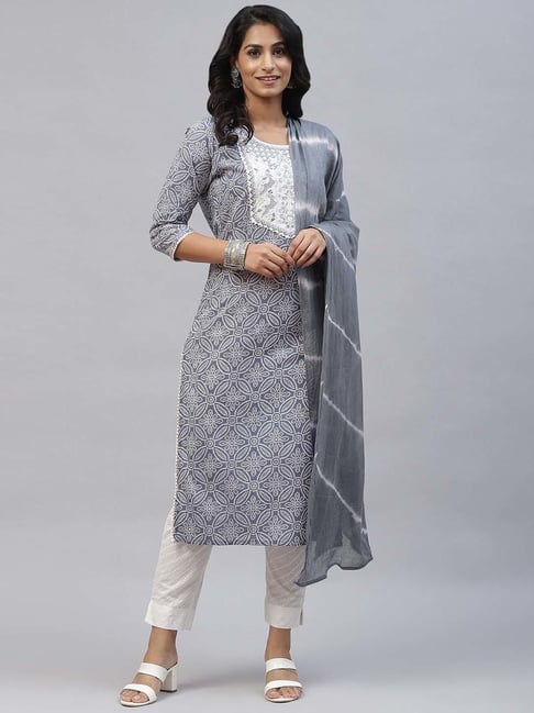 READIPRINT FASHIONS Grey & White Cotton Embroidered Kurta Pant Set With Dupatta Price in India