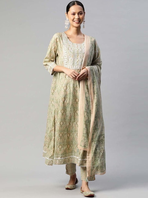 READIPRINT FASHIONS Green Cotton Embroidered Kurta Pant Set With Dupatta Price in India