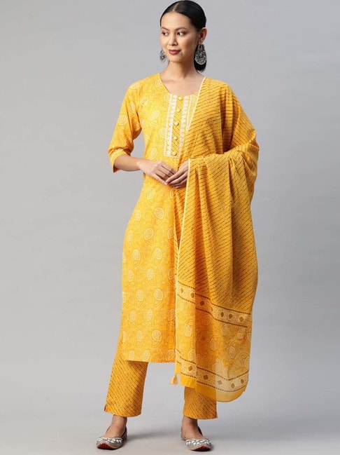 READIPRINT FASHIONS Yellow Cotton Printed Kurta Pant Set With Dupatta Price in India