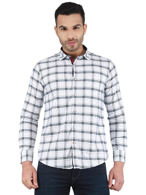 Monte Carlo White Cotton Regular Fit Checks Shirt