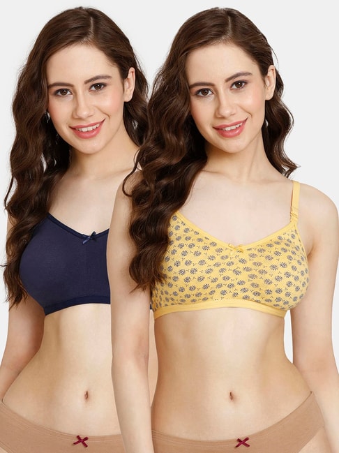 Rosaline by Zivame Yellow & Navy Printed Half Coverage Double Layered T-Shirt Bra - Pack of 2 Price in India
