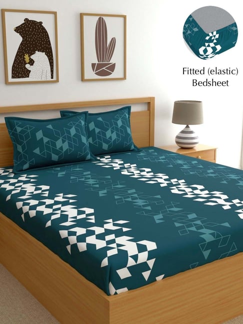 Dreamscape Blue Cotton 140 TC King Fitted Bedsheet With 2 Pillow Covers