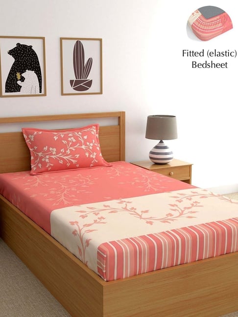 Dreamscape Peach Cotton 140 TC Single Fitted Bedsheet With 1 Pillow Cover