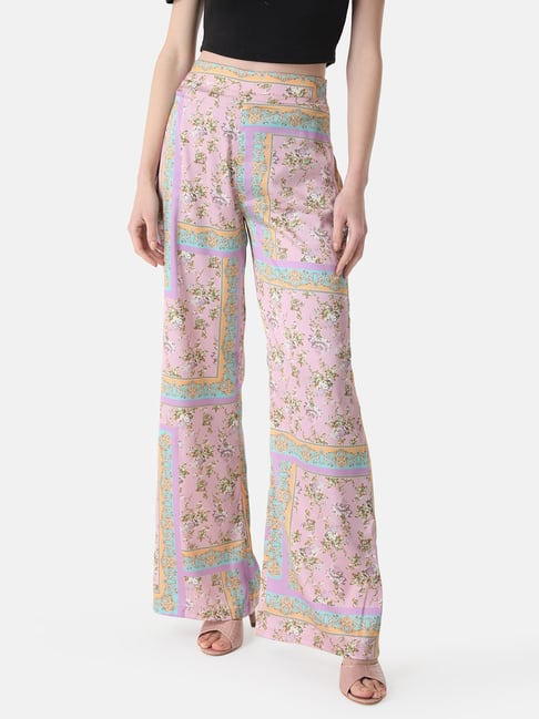 Kazo Pink Floral Print Flared Fit High Rise Regular Pants