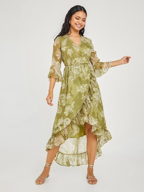 Styli Green Floral Print High-Low Dress Price in India
