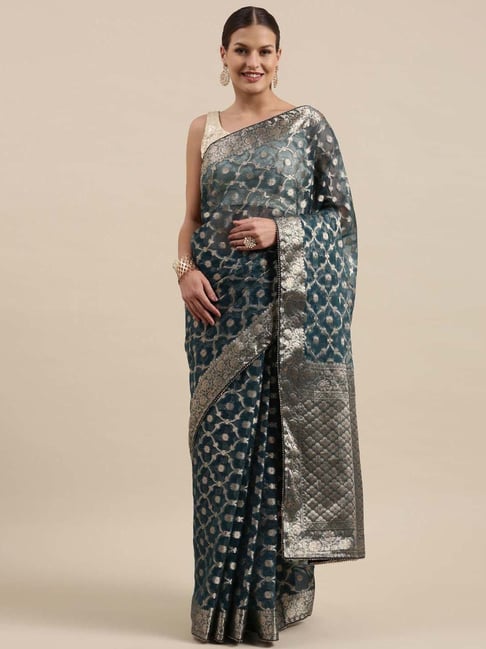 Geroo Jaipur Blue Woven Pattern Saree With Unstitched Blouse Price in India