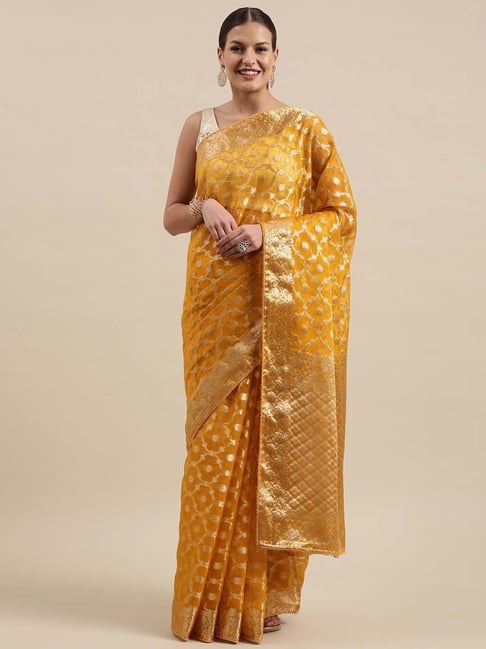 Geroo Jaipur Yellow Woven Pattern Saree With Unstitched Blouse Price in India