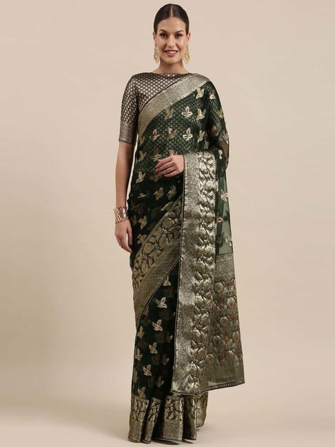 Geroo Jaipur Green Woven Pattern Saree With Unstitched Blouse Price in India