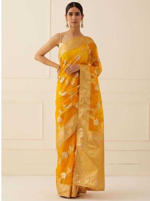 Geroo Jaipur Yellow & Golden Woven Pattern Saree With Unstitched Blouse-picture-10