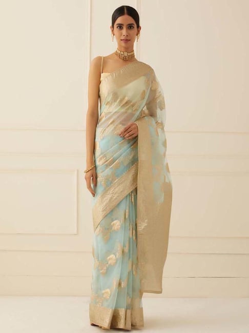 Geroo Jaipur Blue & Golden Woven Pattern Saree With Unstitched Blouse-picture-32